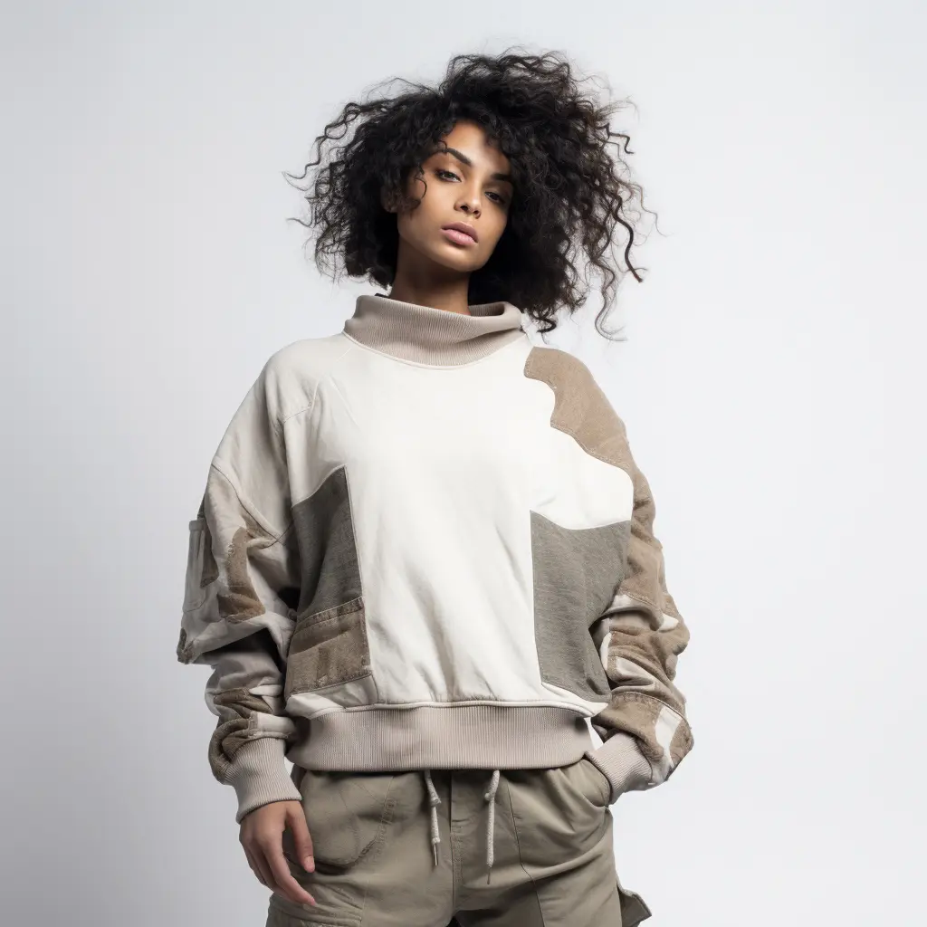 AIOS Image with a woman wearing cargo sweatshirt tan and brown camo, in the style of afrofuturism-inspired