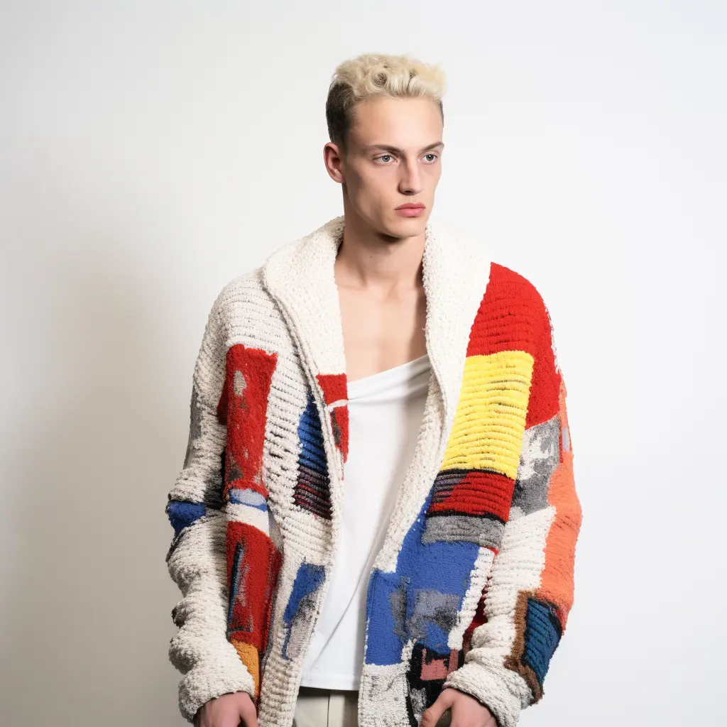 AIOS Image with a man wearing sweater knit with colourful prints and a white shirt