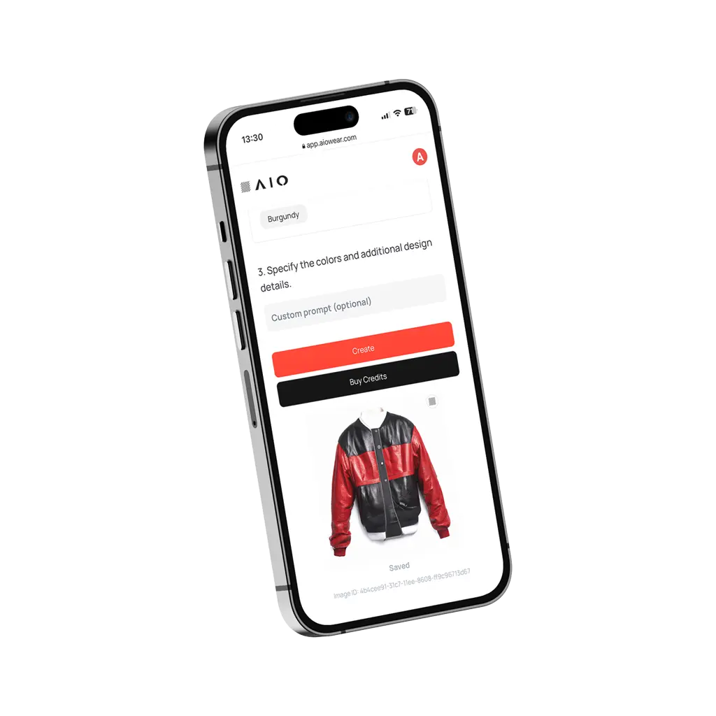 AIO phone showing an app user Interface with a jacket in red and black, in the style of red threads.